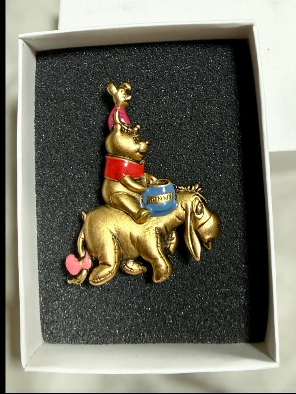 Vintage Disney Winnie The Pooh Piglet Eeyore Brooch Pin Gold Tone Enamel